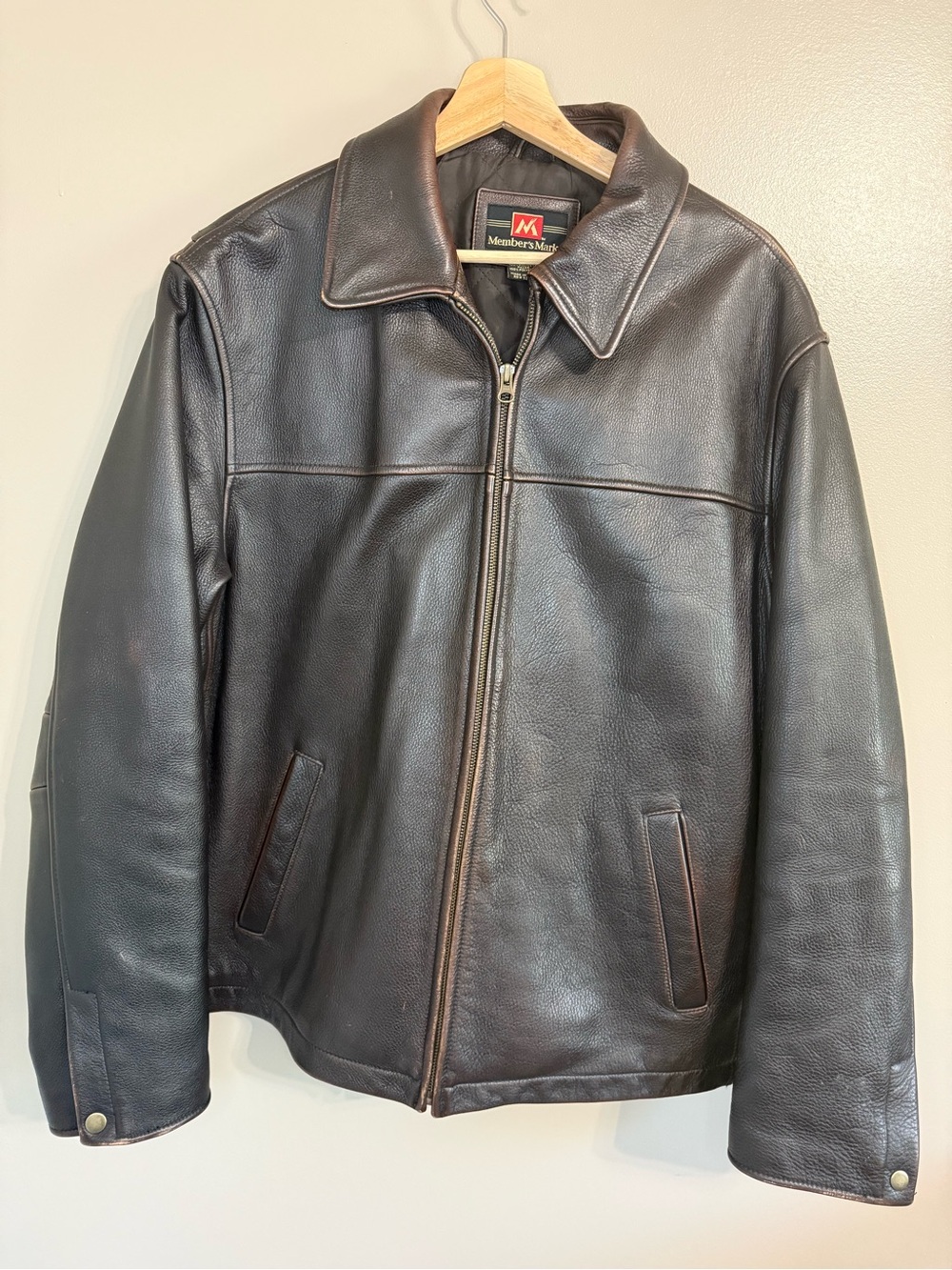 Member’s Mark Men's Brown Leather Bomber Moto Full Zip Jacket Size L